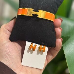 Orange and Gold Bracelet and Earrings Set